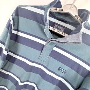 LL Bean Men XXL Tall Rugby Shirt Striped Traditional Fit Cotton Blue Green Sport